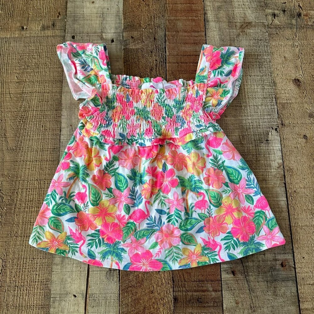 Tommy Bahama Girls Floral Smocked Top With Flutter Sleeves